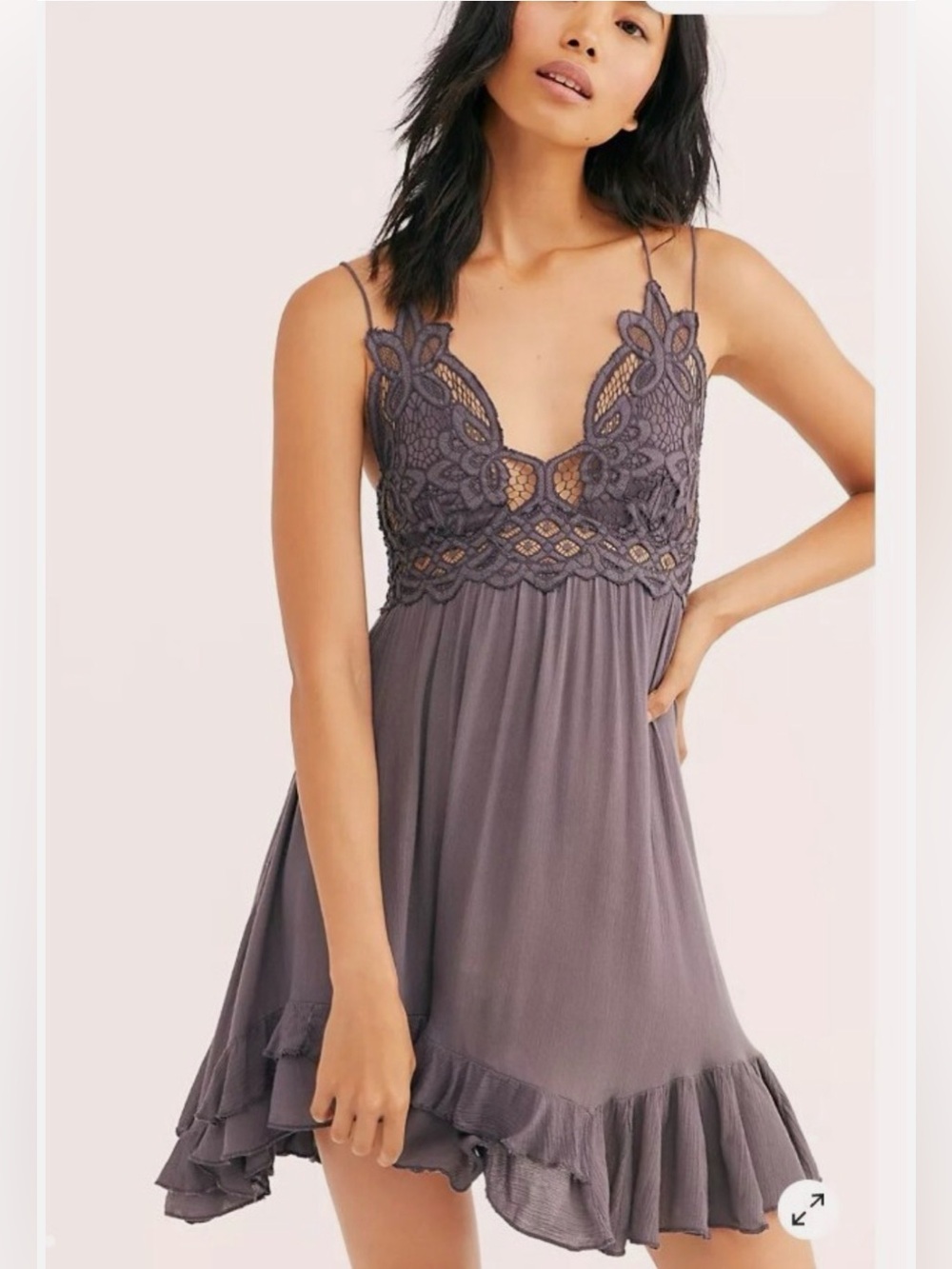 NEW! Free People Adella charcoal Lace-Trim Slip Dress handkerchief hem size S